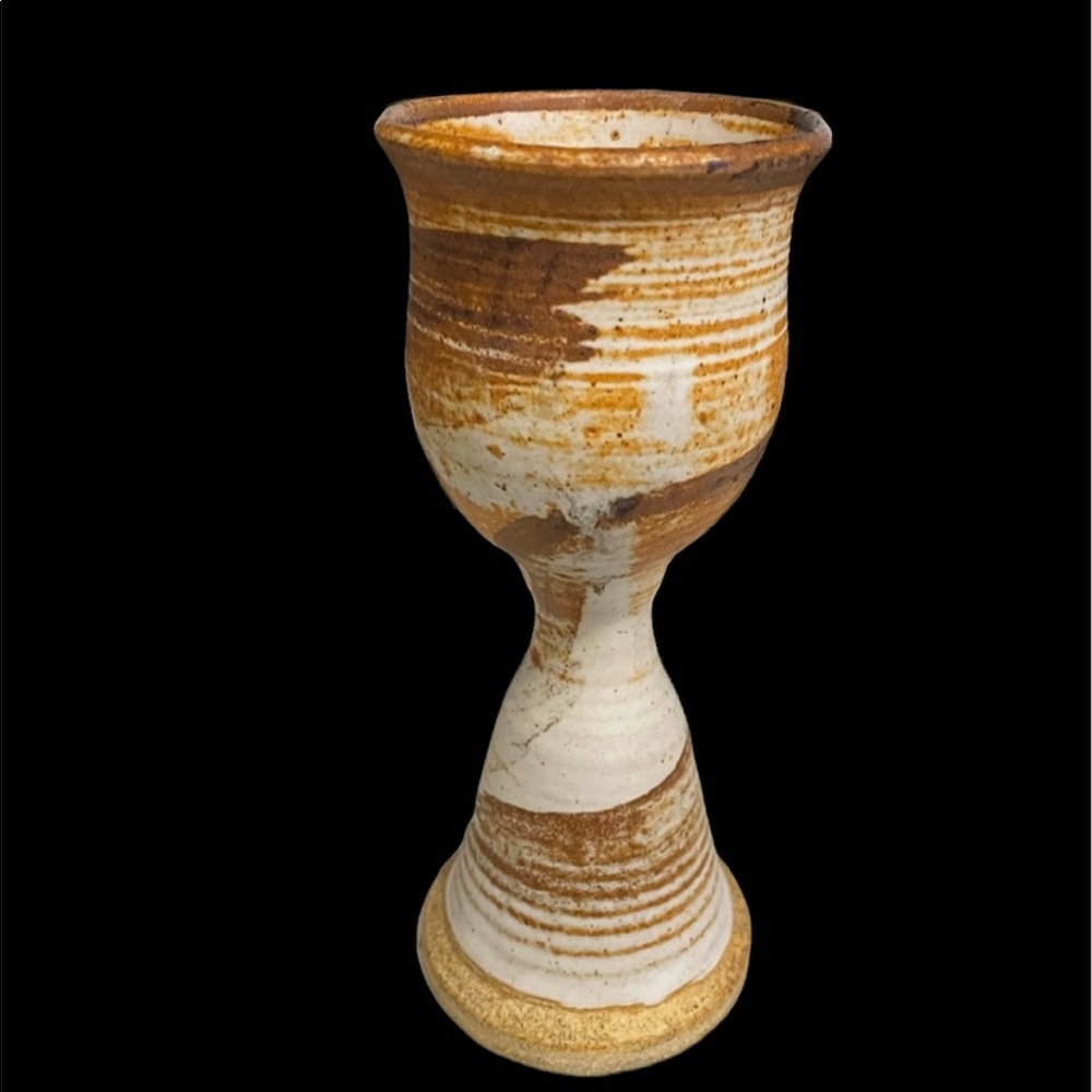 Vintage Pottery Clay drip glass hand molded Chalice 7” tall 2.75” diameter
